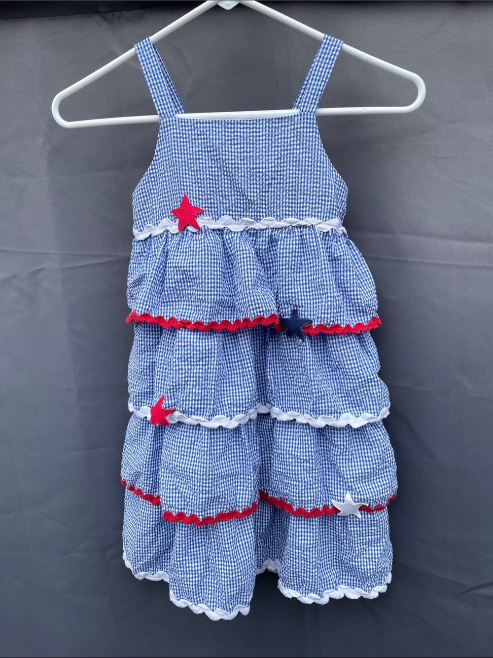 Blue Gingham Tiered Sundress with Red & White Star Accents